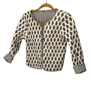Blue White Reversible cotton quilted Indian striped paisley block print jacket S